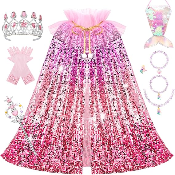 Meland Princess Dress Up for Girls 3-8, Mermaid Cape with Crown, Dress Up Clothes Birthday Gift Toys for Girls Toddlers Quick Pick Grocers